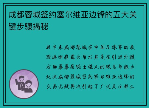 成都蓉城签约塞尔维亚边锋的五大关键步骤揭秘