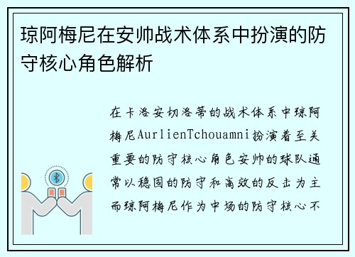琼阿梅尼在安帅战术体系中扮演的防守核心角色解析